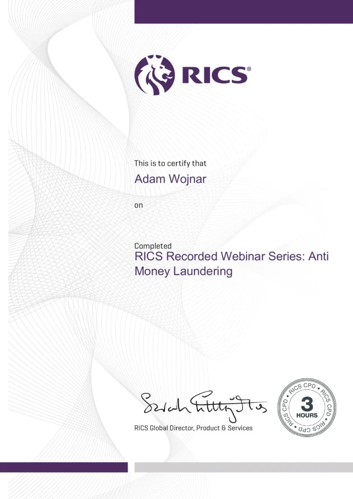 Adam Wojnar - Certifikát - RICS Recorded Webinar Series: Anti money Laundering